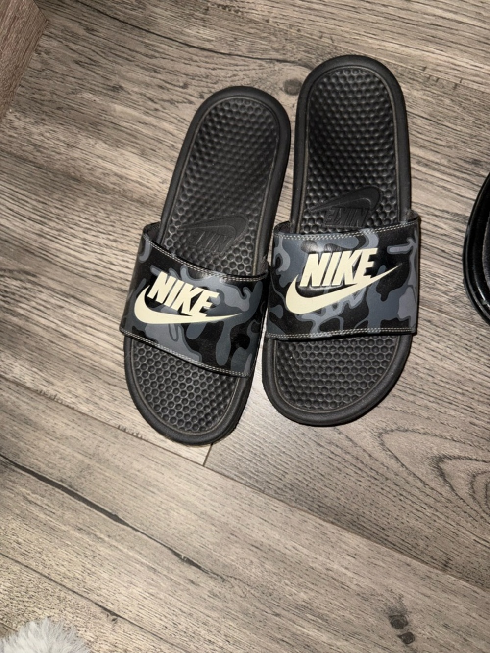 Nike Black Camo Slide Sandals with Cream Logo